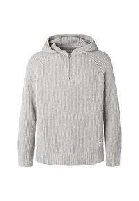 Hele halli pullover kapuutsiga, millel on ees pool tõmblukk. Omab ribatekstuuriga pinda, raglanvarrukaid ja lainelise äärisega allosa. Silt on nähtav madalamas küljes.