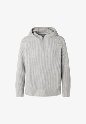 Svetlo siva pulover kapuca s polovičnim zadrgo spredaj. Ima rebrasto teksturo, raglan rokave in valovit spodnji rob. Oznaka je vidna na spodnji strani.