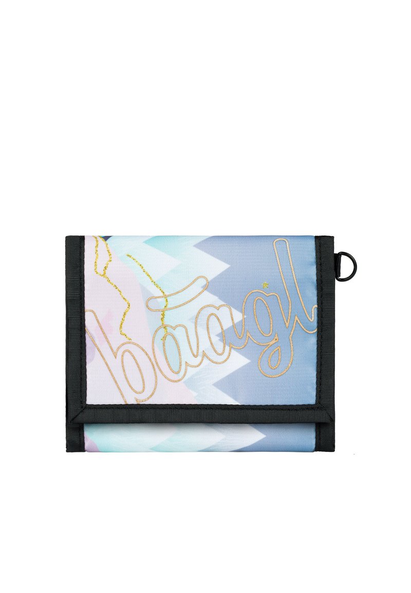 Multicolored fabric wallet with zigzag patterns, featuring gold text "baagl" and a black trim. Includes a circular hook on the side.