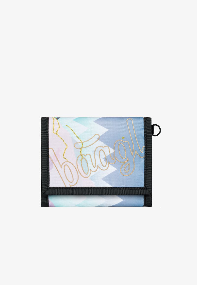 Wielokolorowy portfel z tkaniny z wzorem w zygzaki, z złotym napisem "baagl" i czarnym wykończeniem. Posiada okrągły haczyk po boku.