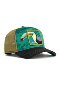 Gorra de béisbol con parte frontal verde, malla trasera color beige, visera curva negra y parche bordado de tucán con texto "Vistoso" en el panel frontal.