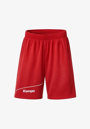 Shorts de sport en mesh rouge avec une ceinture élastique et le logo blanc "Kempa" près de l'ourlet gauche, conçus pour un usage sportif.