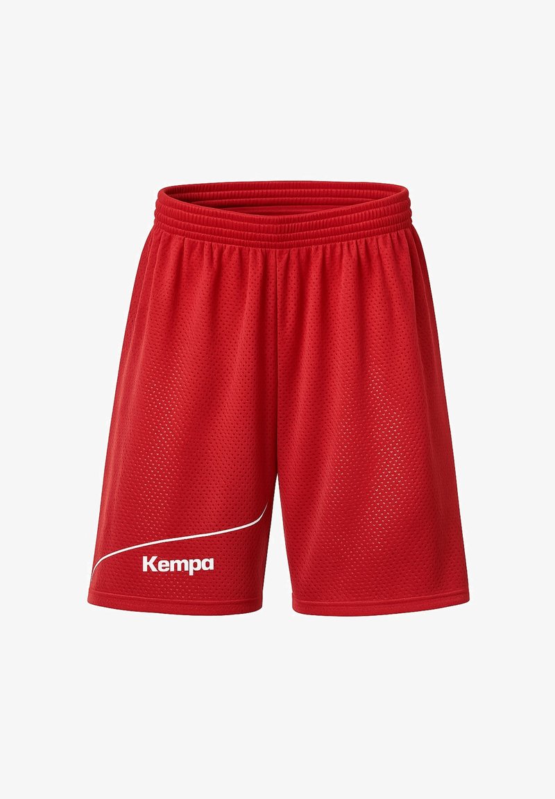 Pantaloncini sportivi in rete rossa con elastico in vita e logo bianco "Kempa" vicino all'orlo sinistro, progettati per l'uso sportivo.