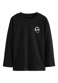 Schwarzes Langarm-T-Shirt aus Baumwolle mit einem weißen Totenkopf-Graphic mit Kopfhörern auf der linken Brust. Rundhalskragen und lockere Passform.