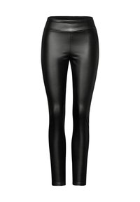 Zwarte neplederen legging met een gladde textuur, hoge tailleband en een slim fit ontwerp dat tot de enkels reikt.