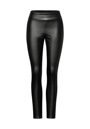 Zwarte neplederen legging met een gladde textuur, hoge tailleband en een slim fit ontwerp dat tot de enkels reikt.