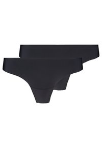 Black cotton blend thong underwear, featuring a smooth texture, low-rise design, and seamless edges. Package includes two pairs.