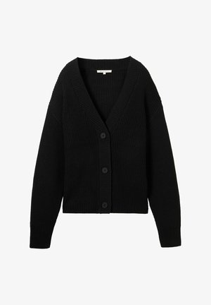 Črn pleteni kardigan z dolgimi rokavi, V-izrezom in tremi sprednjimi gumbi, prikazan plosko na beeli podlagi.