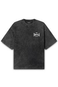 Short-sleeve, black T-shirt made of cotton; features a slight acid wash texture. Front has white graphic text “FAVELA 2015 WORLDWIDE.”
