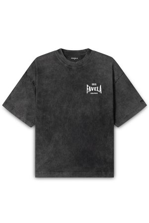 Short-sleeve, black T-shirt made of cotton; features a slight acid wash texture. Front has white graphic text “FAVELA 2015 WORLDWIDE.”
