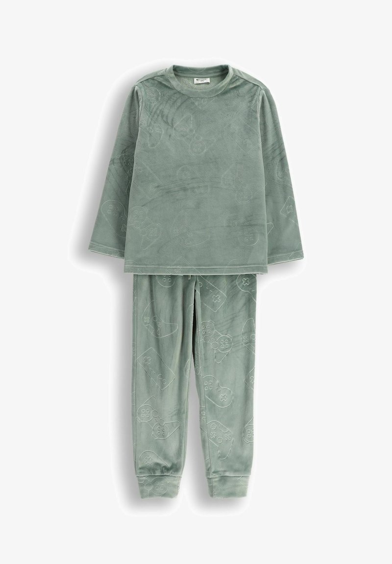 Zielony pluszowy komplet piżamy z długim rękawem i dopasowanymi spodniami, obydwa z tłoczonym wzorem kontrolera do gier. Miękka tekstura, luźny krój.