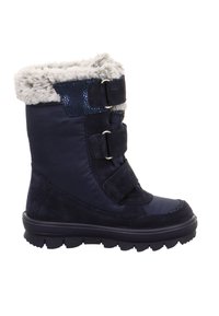 Marineblaue Winterstiefel mit Kunstfellbesatz, drei verstellbaren Klettverschlüssen, strukturierten Wildledereinsätzen und einer dicken Gummisohle.