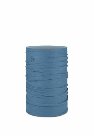 Hellblauer nahtloser tubulärer Halsschlauch mit feiner Rippenstruktur und kleinem rundem Logo nahe der Kante.