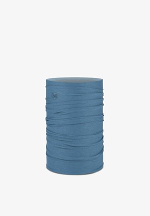 Hellblauer nahtloser tubulärer Halsschlauch mit feiner Rippenstruktur und kleinem rundem Logo nahe der Kante.