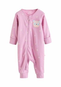 Pink cotton baby onesie with long sleeves, featuring a bear face applique, dotted pattern, and a front zipper for easy dressing.