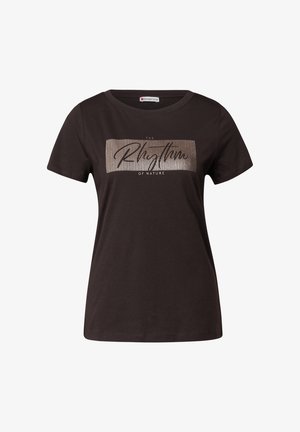 Schwarzes Baumwoll-T-Shirt mit rundem Halsausschnitt und kurzen Ärmeln. Die Vorderseite zeigt ein strukturiertes grafisches Textdesign in Beige.