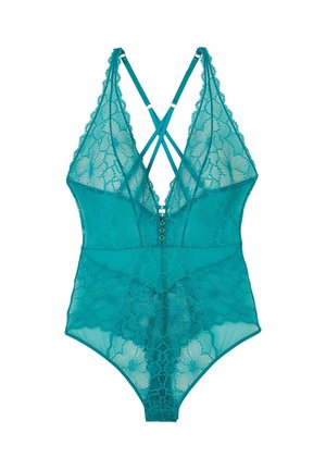 Body verde acqua in pizzo con motivi floreali, scollatura profonda, spalline incrociate e un fermo decorativo frontale. Tessuto semi-trasparente.