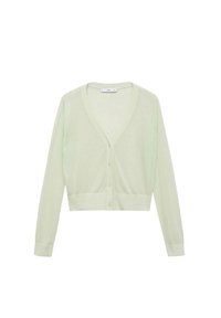 Ljusgrön kort cardigan i mjukt, lätt tyg. Har V-ringning, långa ärmar och fem framknappar.