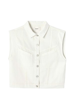 Chemise blanche courte sans manches avec col pointu, boutons-pression à l'avant et deux poches poitrine.