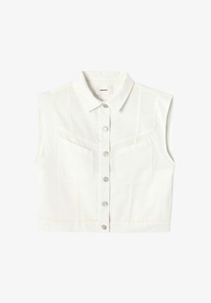 Chemise blanche courte sans manches avec col pointu, boutons-pression à l'avant et deux poches poitrine.