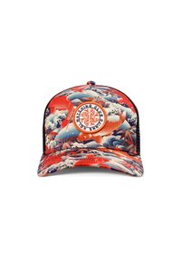Trucker cap with a colorful koi fish pattern, featuring a round logo patch at the front, black mesh sides, and a curved visor.