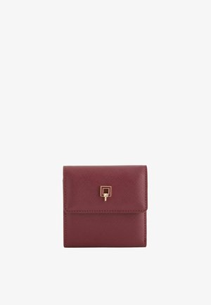 Maroon leather wallet with a textured finish, featuring a rectangular gold accent on the front and a magnetic snap closure.