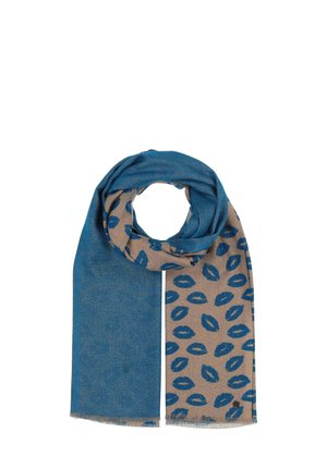 Sciarpa blu e beige con finitura testurizzata; un lato è blu solidale, l'altro presenta un motivo ripetuto di impronte di labbra in blu scuro. Bordo frangiato.