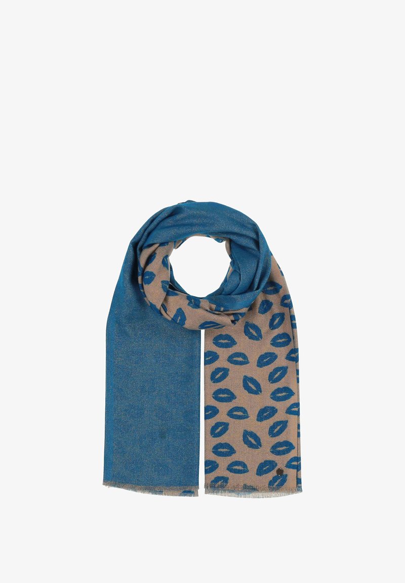 Écharpe bleu et beige avec une finition texturée ; une face bleu uni, l'autre avec un motif imprimé de lèvres en bleu foncé. Bords à franges.