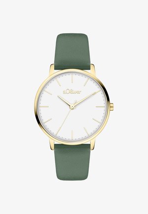 Montre couleur or avec un cadran blanc, des index fins, et un bracelet en cuir vert. Design simple et rond avec une texture lisse.
