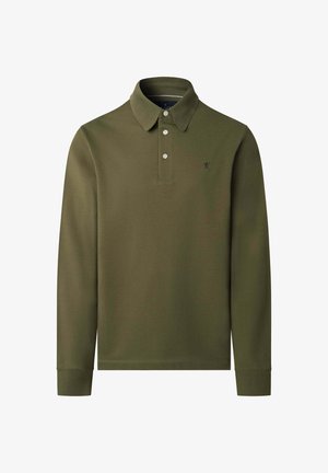 Polo à manches longues vert olive en coton, doté d'un col, d'une patte de boutonnage à trois boutons et d'un petit détail brodé sur la poitrine.