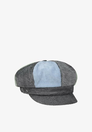 Cord-Mütze im Oldschool-Design mit Paneelen in Grau-, Blau- und Grüntönen, versehen mit einem kleinen Metall-Logo an der Seite.