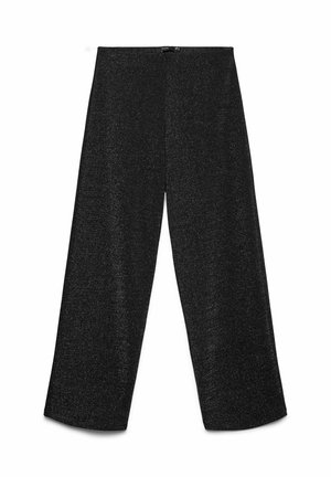 Zwarte wijde pantalon van een gestructureerd, glanzend materiaal. Beschikt over een hoge taille en een strakke, moderne silhouette zonder zichtbare hardware.