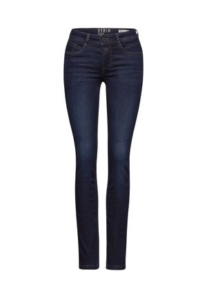 Úzké džíny v tmavě modrém denimu, s klasickým pětiokrovým designem, kovovým zapínáním na knoflík a jemnými akcenty našití.
