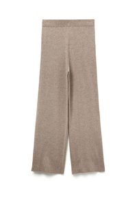 Beige pletené kalhoty širokého střihu s žebrovaným pasem a manžetami, rozložené na bílé pozadí.