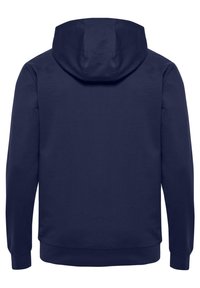 Felpa blu navy con cappuccio regolabile, maniche lunghe e orlo a coste. Tessuto liscio di un colore uniforme, senza motivi o dettagli visibili.