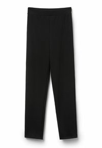 Leggings noirs et extensibles avec une texture lisse et une taille élastique. Conçus pour un ajustement près du corps, avec des jambes droites arrivant aux chevilles.