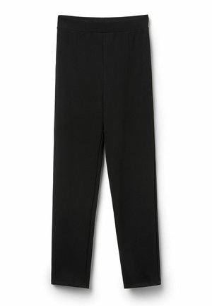 Leggings neri, elasticizzati, con una texture liscia e una cintura elastica. Progettati per una vestibilità aderente, presentano gambe dritte e lunghezza alla caviglia.