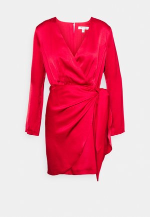 Red satin wrap dress with long sleeves, v-neckline, and a side tie detail creating a gathered effect at the waist. Solid color, smooth texture.