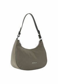 Bolso de hombro de nylon verde oliva con una textura suave, herrajes en plata y correa de cuero negro. Cuenta con un cierre de cremallera y un logo grabado.