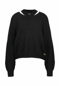 Schwarzer Strickpullover mit V-Ausschnitt, gerippten Ärmeln und kurzer Passform. Mit kleinem goldfarbenem Logo-Detail am Saum.