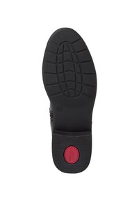Zwarte rubberen zool met een gestructureerd loopvlakpatroon, voorzien van een ronde rode accent en reliëfbranding. Toont maatmarkering '37'.