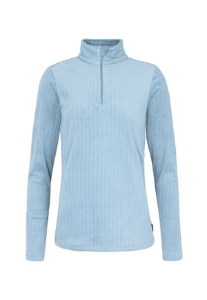 Helles blauer Pullover mit Mock-Neck und halbem Reißverschluss. Das strukturierte Strickmuster erzeugt einen Kabel-Effekt. Lange Ärmel. Weicher Stoff.