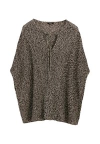 Poncho lavorato a maglia marrone e bianco screziato con scollo a V e dettaglio con laccio, caratterizzato da una vestibilità ampia e drappeggiata e da un motivo testurizzato.