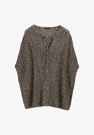 Brown and white marled knit poncho with a V-neckline and tie detail, featuring a loose, draped fit and textured pattern.