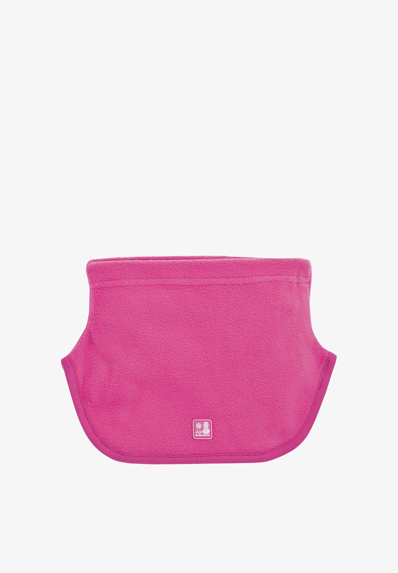 Fleece nákrčník v jasne ružovej farbe, s jemnou textúrou a zaoblenými hranami. Obsahuje malé logo v pravom dolnom rohu.