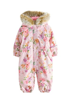 Rosa blühender Baboverall mit elastischen Bündchen, Reißverschluss- und Druckknopfverschluss sowie einer Kapuze mit Kunstfellbesatz.