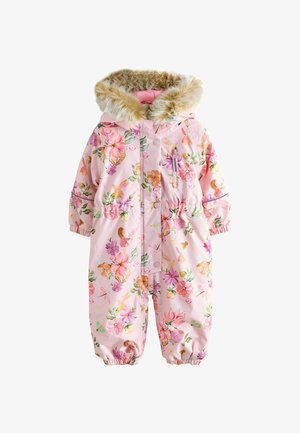 Tuta invernale per neonate di colore rosa con maniche elastiche, chiusura con zip e bottoni a pressione, e cappuccio foderato in pelliccia sintetica.