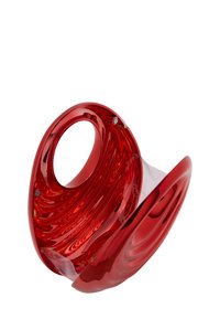 Rode gemouleerde plastic kom met een spiraalpatroon, voorzien van een ronde handgreep en een gladde, glanzende afwerking. Heldere basissectie zichtbaar.