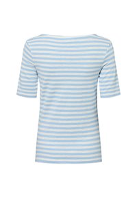 T-shirt bleu et blanc à rayures, avec un large col et des manches courtes. Fabriqué en tissu en coton doux avec une coupe décontractée.