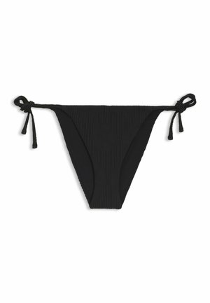 Braguitas de bikini negras con lazos laterales y un sutil patrón floral texturizado en la tela, colocadas planas sobre un fondo blanco.